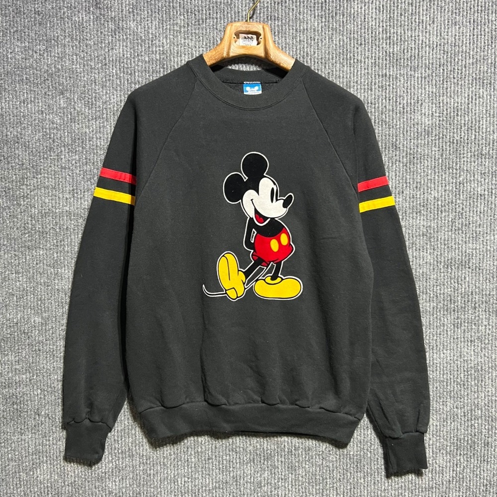 Vintage Disney Sweatshirt Mens XL Black Mickey Mouse Sleeve Stripes USA Made